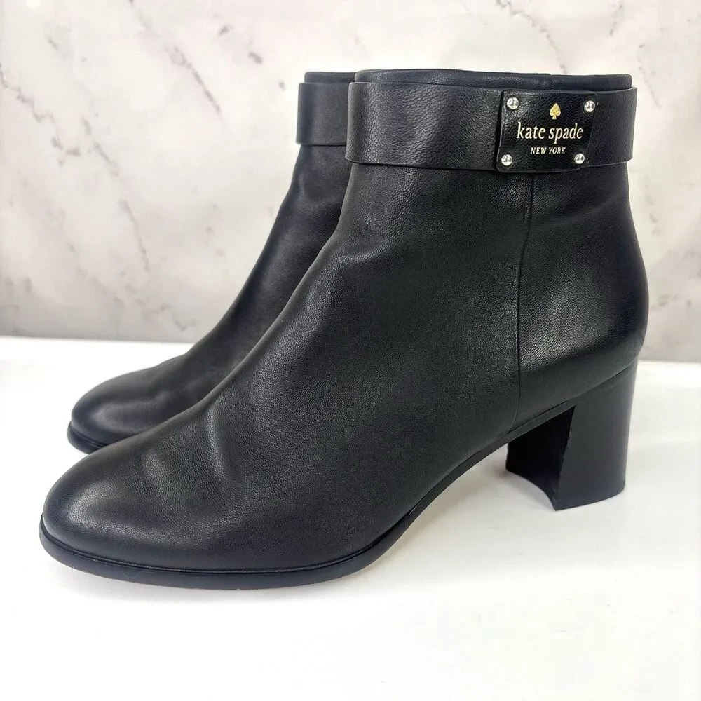 Kate Spade New York Platform Black Leather Ankle Boots 6 B 36 Block Heel chic